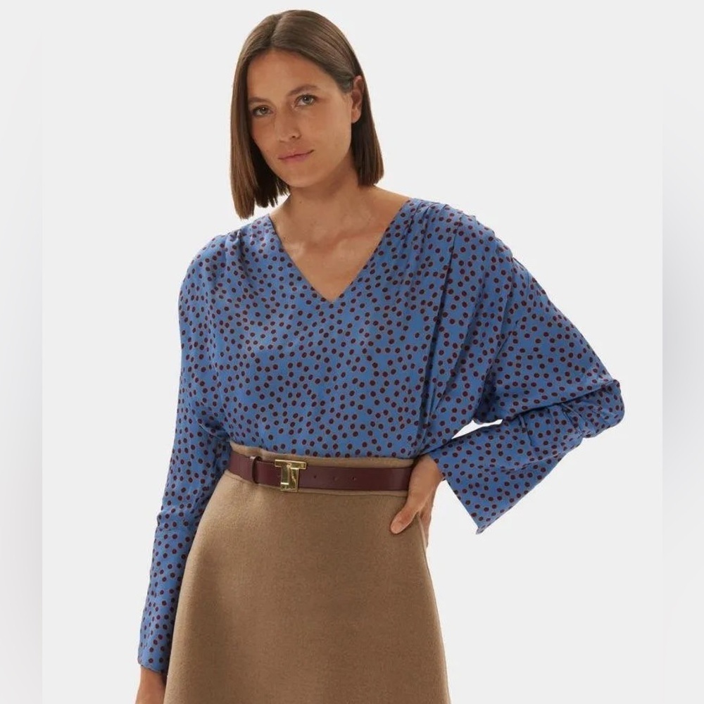 Tara Jarmon Blouse Blue Polka Dot Bell Sleeve FR 36 US 4